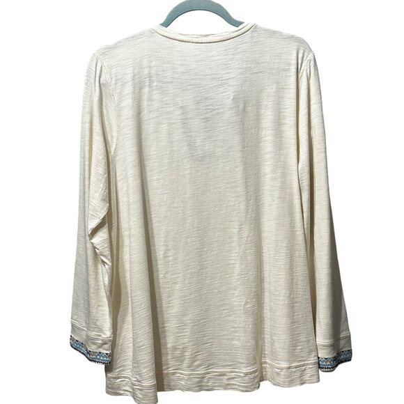 Coldwater Creek size PXL cream long sleeve embroidered trim split neck top - Picture 3 of 8